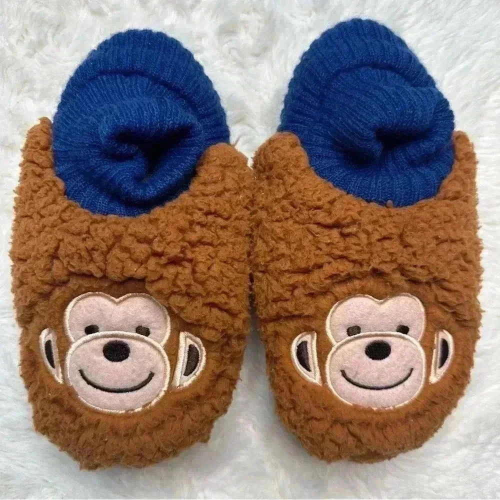 K. Bell Brown Monkey Sherpa Slippers Brown & Blue Size Small